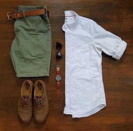 Combo Offer White Full Sleeve Shirt With Olive Green Short Pant ...